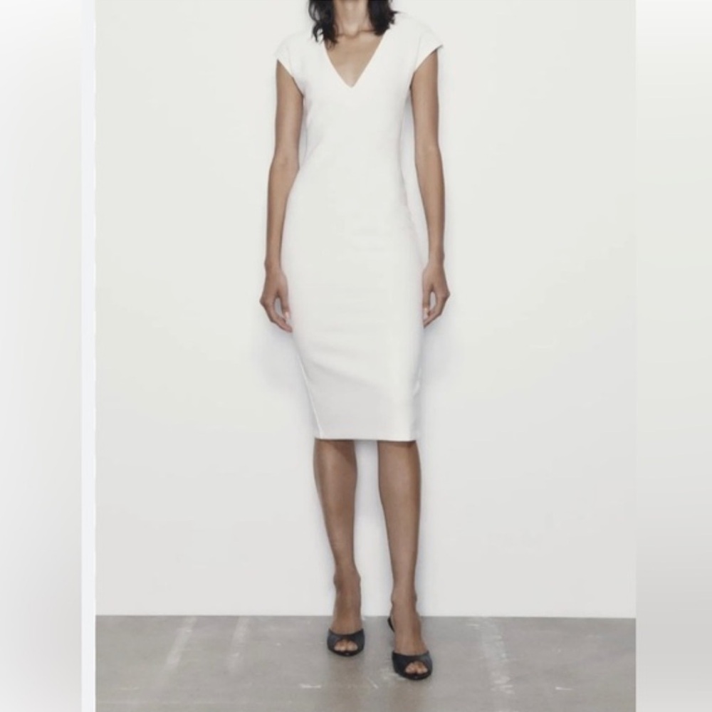 Zara V Neck Elegant White Midi Dress